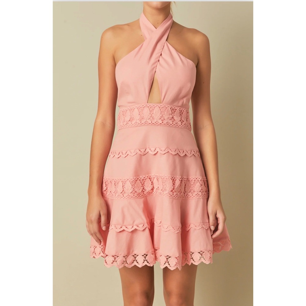 Endless Rose Halter Neck Linen Blend Lace Trim Mini Dress M Cream Puff Romantic